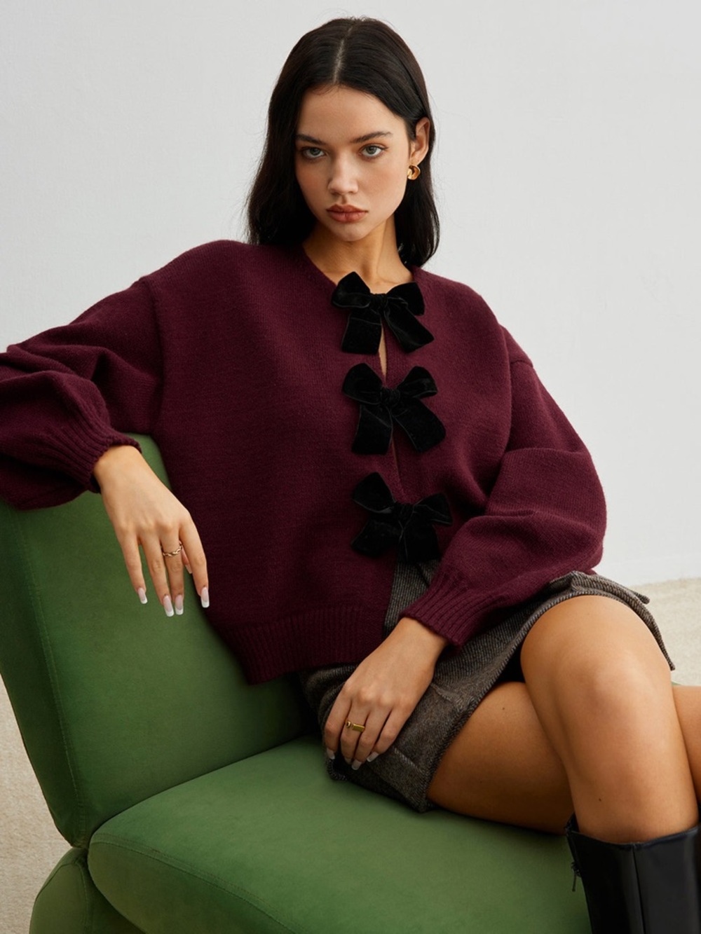 Commense Burgundy Velvet Bow Sweater Cropped Lantern Sleeve Coquette Romantic M - Picture 13 of 15
